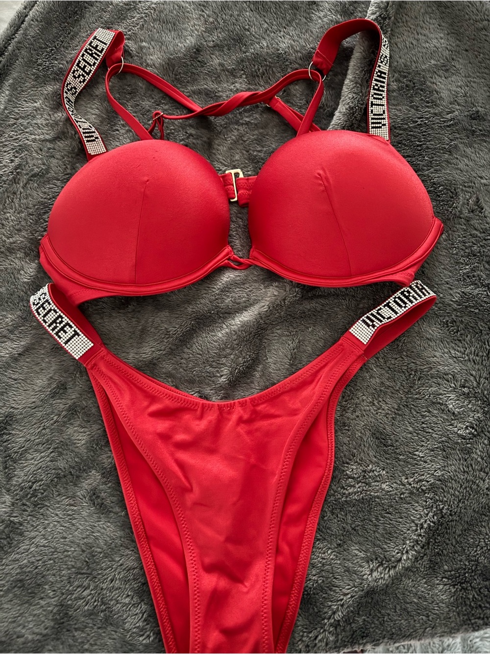 Victoria's Secret Red Rhinestone Strap Bikini Set 36C plus 2 cup  medium bottoms